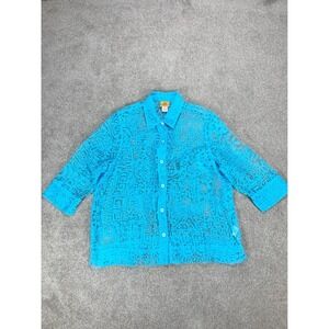 Ruby Rd. Semi Sheer Button Up Blouse Womens 14 Burnout Geometric Summer Casual